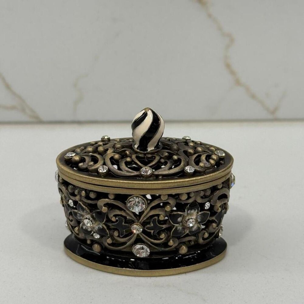Vintage Bronze & Black Enameled Oval Trinket Box